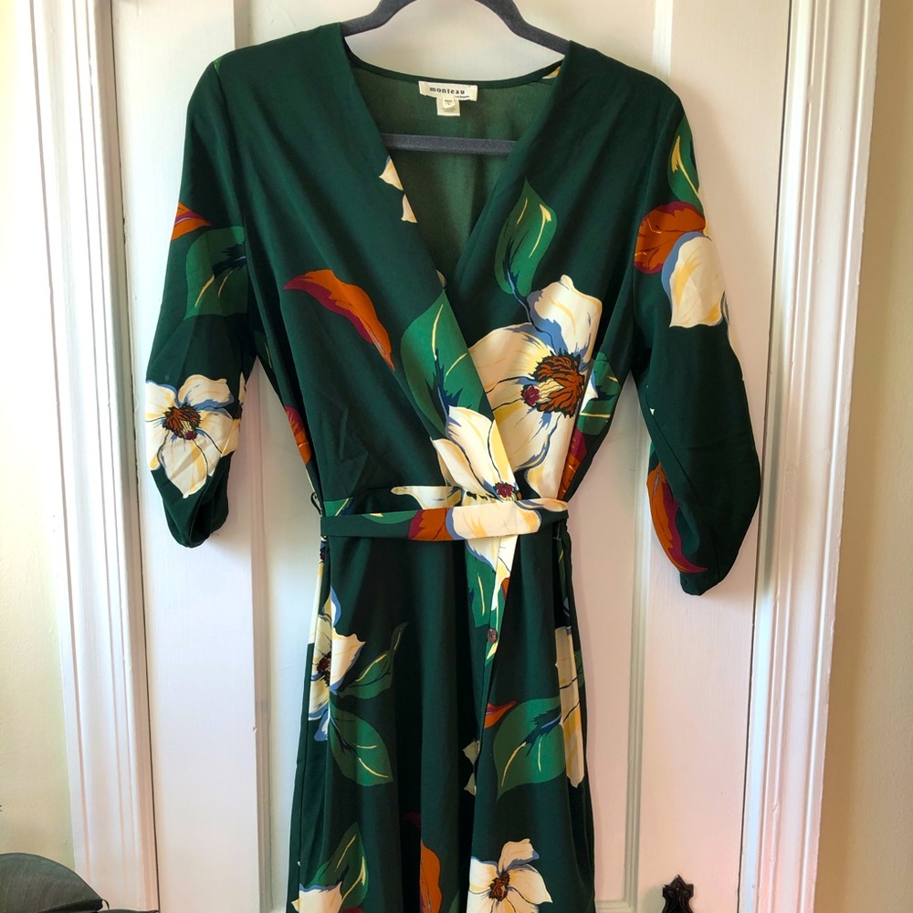 Monteau Dark Green Magnolia Print Midi Dress